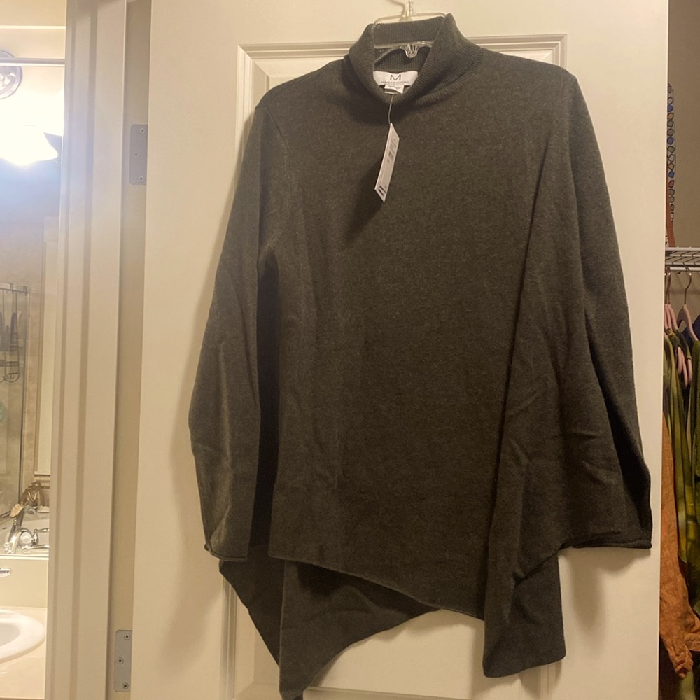 NWT olive green cashmere asymmetrical hem turtle neck sweater